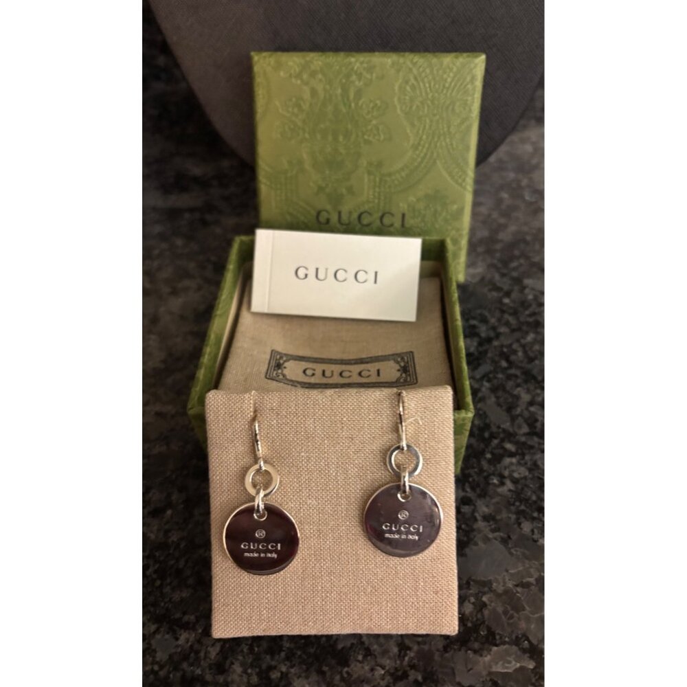 Gucci Italy Sterling Silver Dangle Drop Earrings Embossed Logo Round w Box Pouch